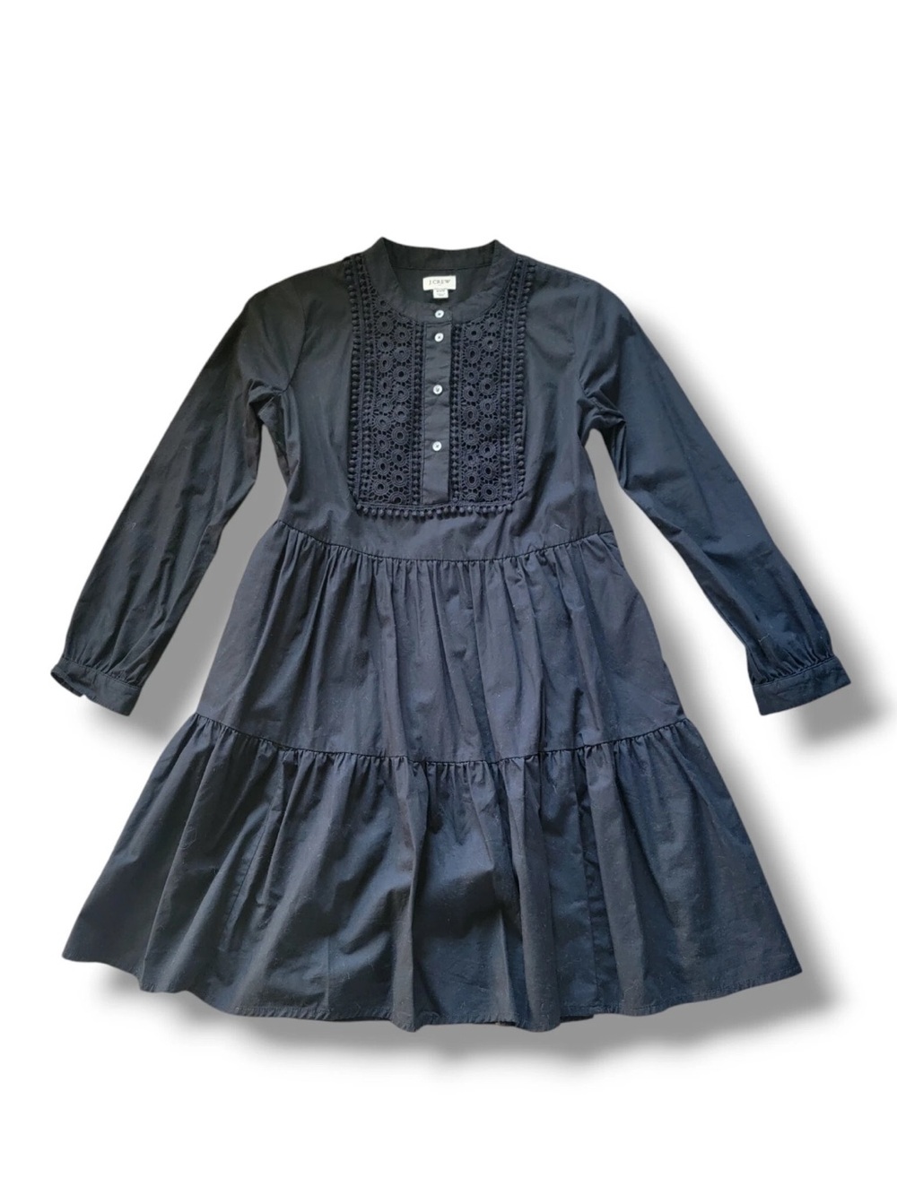 J. Crew Black Embroidered Cotton Tierred Poplin Dress Oversized Sz M Long Sleeve